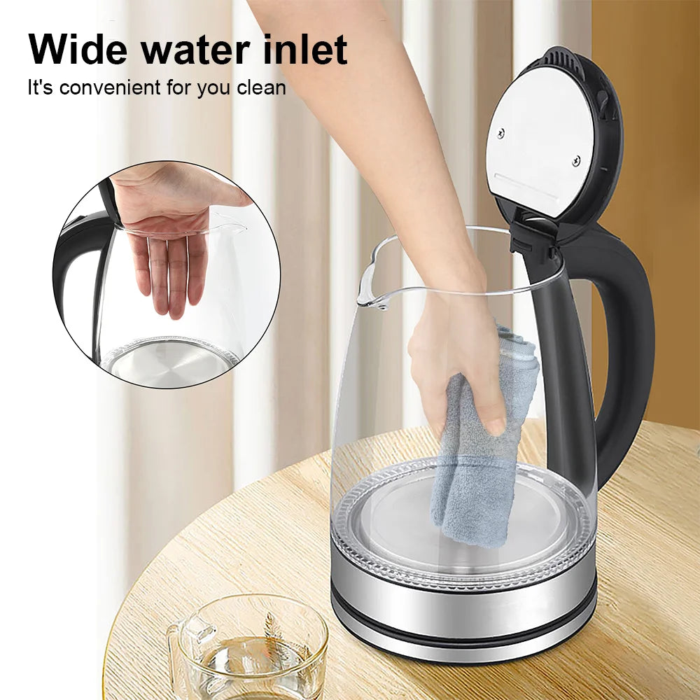 1.8L Glass Electric Kettle with Blue LED Light, 1500W Fast Boil, Auto Shut-Off, Boil-Dry Protection & 360° Rotating Base – Clear Borosilicate Glass Kettle for Home & Office (UK Plug)