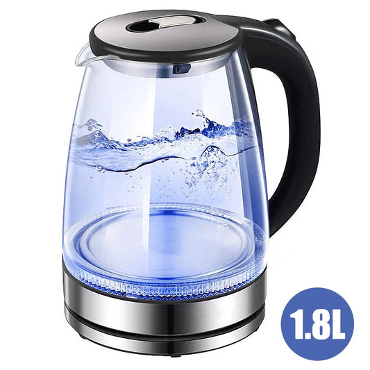 1.8L Glass Electric Kettle with Blue LED Light, 1500W Fast Boil, Auto Shut-Off, Boil-Dry Protection & 360° Rotating Base – Clear Borosilicate Glass Kettle for Home & Office (UK Plug)