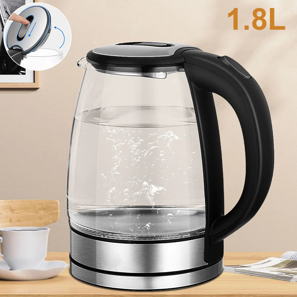 1.8L Glass Electric Kettle with Blue LED Light, 1500W Fast Boil, Auto Shut-Off, Boil-Dry Protection & 360° Rotating Base – Clear Borosilicate Glass Kettle for Home & Office (UK Plug)