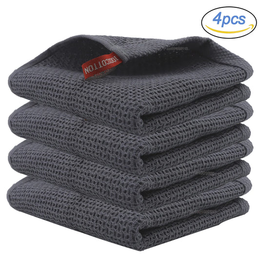 4 Pack Cotton Kitchen Towels – Ultra Absorbent Dishcloths for Cleaning & Drying, Lint-Free Double-Sided Waffle Weave Cloths, Soft & Durable 100% Cotton Dish Towels (34×34cm)