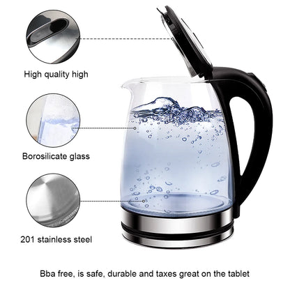 1.8L Glass Electric Kettle with Blue LED Light, 1500W Fast Boil, Auto Shut-Off, Boil-Dry Protection & 360° Rotating Base – Clear Borosilicate Glass Kettle for Home & Office (UK Plug)