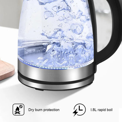 1.8L Glass Electric Kettle with Blue LED Light, 1500W Fast Boil, Auto Shut-Off, Boil-Dry Protection & 360° Rotating Base – Clear Borosilicate Glass Kettle for Home & Office (UK Plug)
