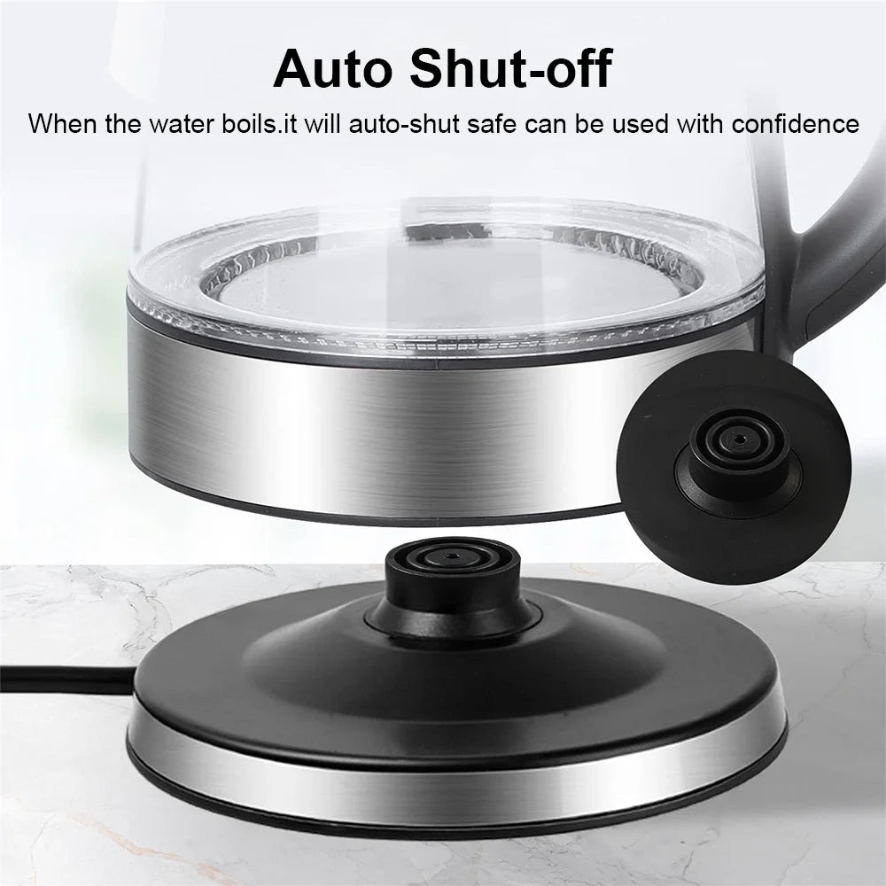 1.8L Glass Electric Kettle with Blue LED Light, 1500W Fast Boil, Auto Shut-Off, Boil-Dry Protection & 360° Rotating Base – Clear Borosilicate Glass Kettle for Home & Office (UK Plug)